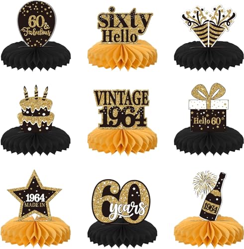 SYKYCTCY 9 Stück 60th Geburtstag Tischdeko Vintage 1964 Schwarz Gold Tischdeko Sixty Hello 60 Wabe Dekorationen für Männer Frauen 60. Geburtstag Thema Party Dekorationen SYKYCTCY 9 Stück 60th Geburtstag Tischdeko Vintage 1964 Schwarz Gold Tischdeko Sixty Hello 60 Wabe Dekorationen für Männer Frauen 60. Geburtstag Thema Party Dekorationen von SYKYCTCY
