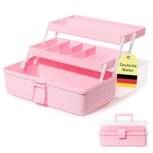 SYLANDO Aufbewahrungsbox mit fächern, Sortierboxen, Nähkasten, Bastelkoffer leer, Medicine Organizer Box, Angelkoffer, Aufbewahrung for Kleinteile, Haargummi (Rosa-31,5cm) von SYLANDO