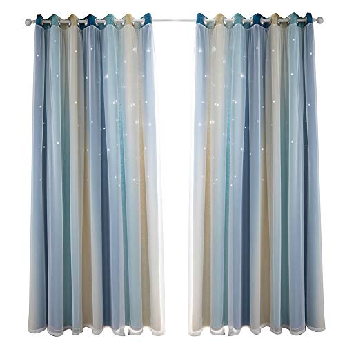 Sternenvorhang Sterne Verdunkelungsvorhang für Kinder Mädchen Schlafzimmer Wohnzimmer bunt doppellagig Stern Fenster Vorhang (blau, 2 Paneele 100 × 130 cm) von SYLC