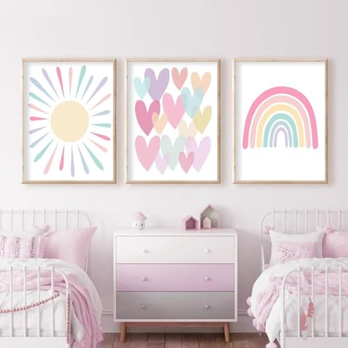 Bilder Kinderzimmer Poster Regenbogen Herzen Boho Wandposter, Bilder Set Junge Mädchen Babyzimmer Kinderbilder, Wandposter Premium, Ohne Rahmen,30 * 40cm von SYLUOQP
