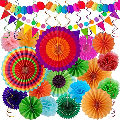SYNYEY Fiesta Papierfächer – helles Fächerblumen-Set – bunte Papierfächer Papierwimpel Blume Spiralanhänger für Geburtstagspartys Babypartys Hochzeit Urlaub von SYNYEY