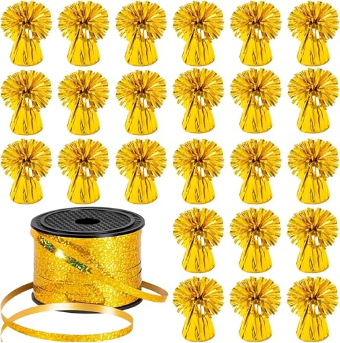 Ballon-Gewichte, metallischer Anker, Ballonhalter, schwere Gewichte mit 1 Rolle, goldfarbenes gekräuseltes Band für Luftballons, Tischparty, Gastgeschenk, Feiern, Geburtstagsdekoration (Gold), 24 von SYOZPXY