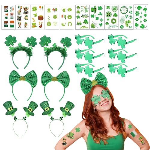 SYQBR 22 Stück St. Patrick's Day Stirnbänder & Kleeblatt Sonnenbrille & Tattoos Aufkleber, grünes irisches Pailletten-Pailletten-Stirnband und Kleeblattaugen-Brille, Tattoo, Großpackung für SYQBR 22 Stück St. Patrick's Day Stirnbänder & Kleeblatt Sonnenbrille & Tattoos Aufkleber, grünes irisches Pailletten-Pailletten-Stirnband und Kleeblattaugen-Brille, Tattoo, Großpackung für von SYQBR