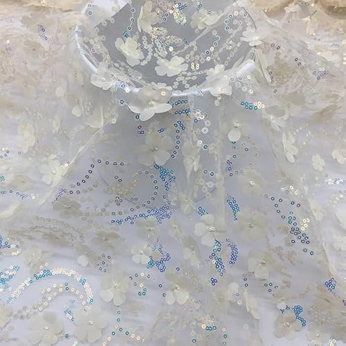 130cm x 1 Yard Pailletten-Stoff Meterware Sparkly Stoff glitzernder Stoff 3D-Pailletten-Blumen Glitzer Garn Tüll Deko Stoffe Glitzertüllstoff für DIY Kleidung Hochzeit Kleid Dekoration-Beige von SYSUII