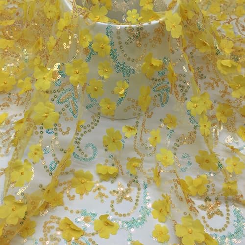 130cm x 1 Yard Pailletten-Stoff Meterware Sparkly Stoff glitzernder Stoff 3D-Pailletten-Blumen Glitzer Garn Tüll Deko Stoffe Glitzertüllstoff für DIY Kleidung Hochzeit Kleid Dekoration-Gelb von SYSUII