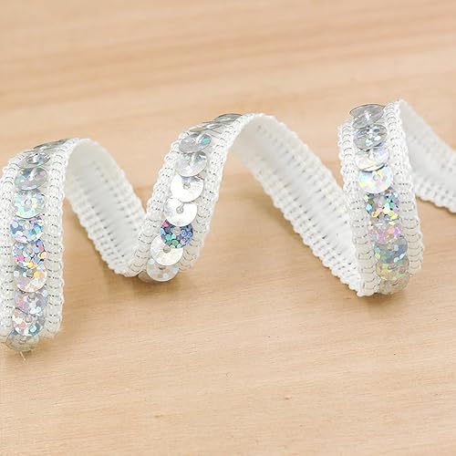 25M * 12mm Paillettenbesatz Applikation Paillettenband Stretch Paillettenbesatz Flache Glitter Stretch Bling Paillette Stoff Paillettenband für DIY Handwerk, Tanzbekleidung Dekorationen -Bunt Silber von SYSUII