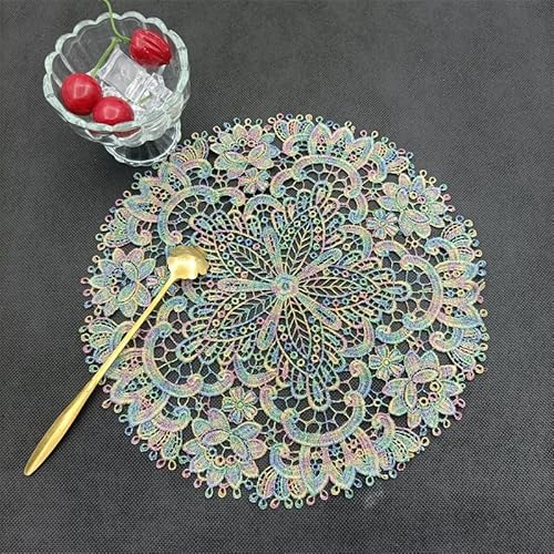 4 Stück Spitze Runde Gestickte Tischläufer, Stickerei Tischset Runde Bestickte Tischmatte Handarbeit Geklöppelt Häkeldeckchen Spitzendeckchen für Küche,Esszimmer Tassen, Getränke,Schalen -Bunt von SYSUII