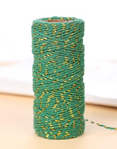 50m Grün Gold Bindfäden, 1.5mm Bäcker Bindfäden Baumwolle Handwerk Bindfäden Bastelschnur Dekokordel Schnur Baumwollschnur Perfekt für DIY Handwerk, Geschenke Verpacken, Weihnachts Dekoration von SYSUII