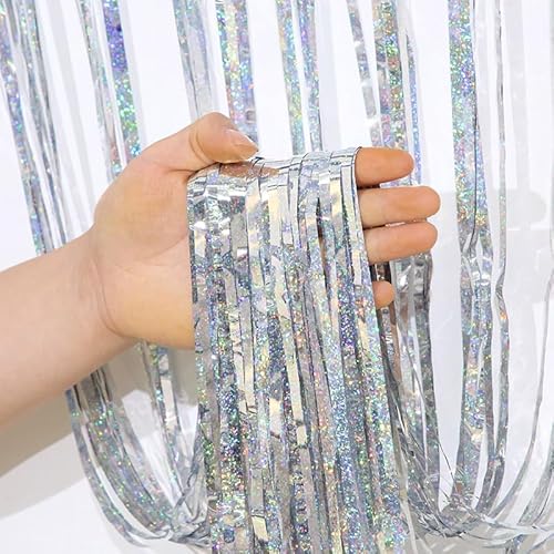 8 Stück Metallic Lametta Vorhänge,1m x 3m Silber Glitzer Selbstklebende Folien Fransen Lametta Vorhange Folie Hintergrund für Geburtstag Hochzeit Weihnachtsfeier Tür Fenster Partydekorationen von SYSUII