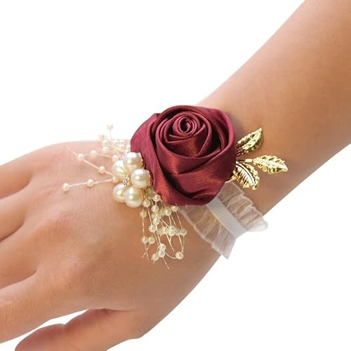 Hochzeit Handgelenk Blumen,Blumenarmband Hand Rose Blumen Perle Armband Hochzeit Blumen Handgelenk Corsage Armreif für Frauen Mädchen Geschenk Braut Brautjungfer Weihnachten Prom Party -Weinrot von SYSUII