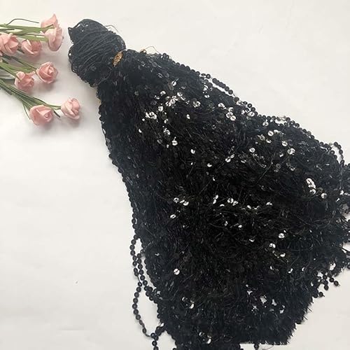 Pailletten Fransen Quaste 6.5 Yards Länge 40CM Breite Fransenbordüre Fransenband Pailletten Fransen Quastenbesatz Nähzubehör für DIY, Lateinisches Kleid Kostüme Kleidung Basteln Handwerk -Schwarz von SYSUII