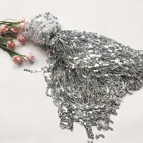 Pailletten Fransen Quaste 6.5 Yards Länge 40CM Breite Fransenbordüre Fransenband Pailletten Fransen Quastenbesatz Nähzubehör für DIY, Lateinisches Kleid Kostüme Kleidung Basteln Handwerk -Silber von SYSUII