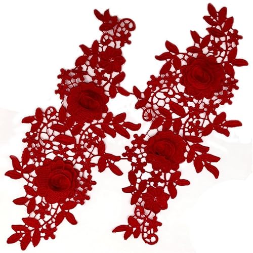SYSUII 1 Paar Stickerei Spitzen Blumen Patches - Spitzenstoff Bestickte Blumen Rose Applikationen Patch Zum Aufbügeln Gestickte Aufnäher für Kleidung Nähen Hochzeit Braut Kleid Reparatur -Weinrot von SYSUII