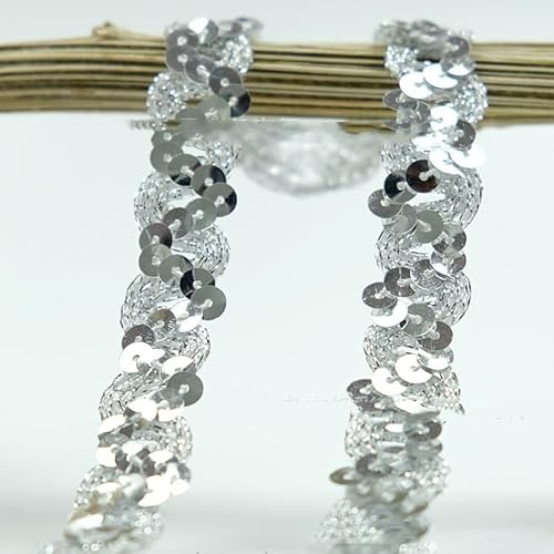 SYSUII 1.8cm * 12m Glänzend Geflochten Zierband Paillettenband Paillettenschnur Flache Glitzerband Borten Pailletten Bänder Paillettenrolle für Nähen,Schmuck Machen,Basteln, Kleid Dekorieren-Silber von SYSUII