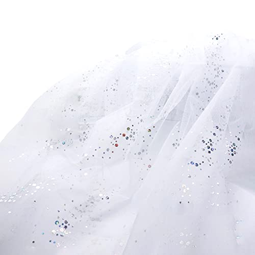 SYSUII 160cm * 3m Chiffon Glitzer Tüll Dekostoff mit kleine Pailletten Dekostoff Kostümstoff zum Nähen Durchsichtig Stoff Tüll Pailletten-Stoff für DIY Hochzeit Kleid Dekoration Tischedeko-Weiß von SYSUII