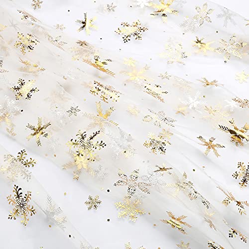 SYSUII 1m * 160cm Chiffon Stoff mit Schneeflocken Dekostoff Kostümstoff zum Nähen glitzernder Durchsichtig Stoff Tüll Pailletten-Stoff für DIY handgemachte Kleidung Hochzeit Kleid Dekoration-Gold von SYSUII