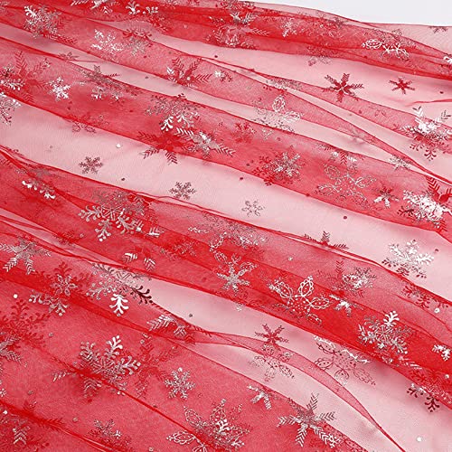 SYSUII 2m* 160cm Chiffon Stoff mit Schneeflocken Dekostoff Kostümstoff zum Nähen glitzernder Durchsichtig Stoff Tüll Pailletten-Stoff für DIY handgemachte Kleidung Hochzeit Kleid Dekoration-Rot von SYSUII