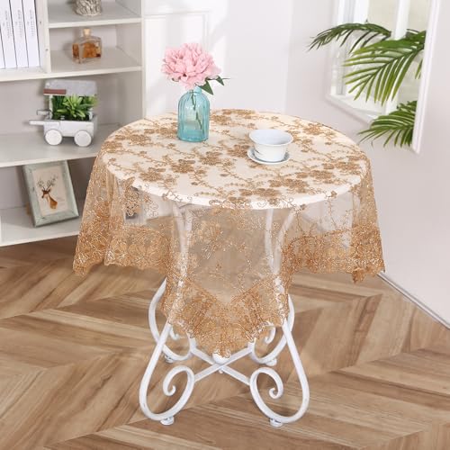 SYSUII Spitzentischdecke Tischdeko - Spitze Tischdecke Boho Dekor Spitzenauflage Vintage Blumenmuster Bestickte Spitzeauflage Tischtuch Für Hochzeit Party Urlaub Haus Dekoration -Khaki,80x80cm von SYSUII