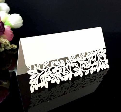 SYSUII Tischkarten Namenskarten 50 Stück -Platzkarten zum beschriften mit Elegantes Hohle Blätter Design Perlglanzpapier Sitznummernkarten für Hochzeit Geburtstag Konfirmation Kommunion Taufe -Weiße von SYSUII