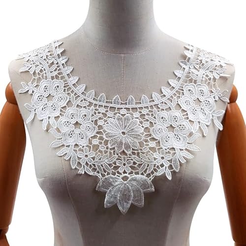 Spitzenkragen Einsatzkragen Ausschnitt Spitze,Bestickte Blumen Stickerei Spitzenbesatz Verzieren Spitze Applique Patch Lace Trim für Kleid DIY Handarbeit Kleidung Stickerei Dekoration,Weiss von SYSUII