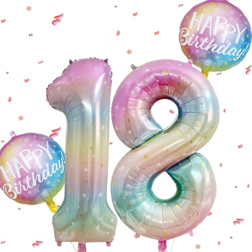 Bunter Happy Birthday Zahlen 18 Folienballon für Kindergeburtstag Deko, Regenbogen Farbverlauf Geburtstagszahl Ballon 18 Jahre, Geeignet für Jungen Mädchen Geburtstag Dekoration Jubiläumsparty Bunter Happy Birthday Zahlen 18 Folienballon für Kindergeburtstag Deko, Regenbogen Farbverlauf Geburtstagszahl Ballon 18 Jahre, Geeignet für Jungen Mädchen Geburtstag Dekoration Jubiläumsparty von SYSYSYYASNL