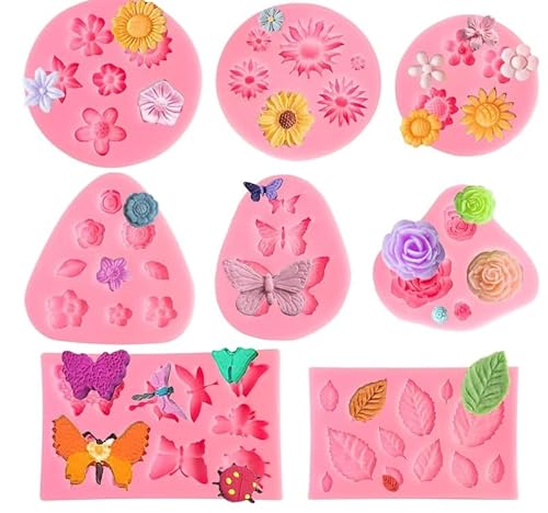 8 Stück Blumen Silikonformen – 3D Blütenformen für Seife, Fondant, Backen, DIY Deko – Inkl. Schmetterlinge & Blätter, Ideal für Kuchen, Cupcakes & Handmade Schmuck von SYTTNUM