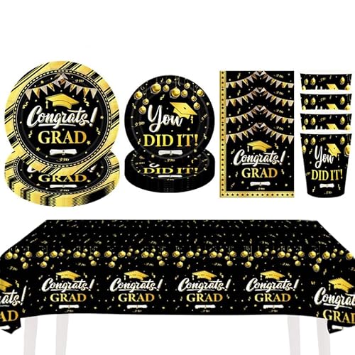 Abschluss Partygeschirr Set SchwarzGold Congrats Grad Partyset Wiederverwendbare Teller Becher Servietten Tischdecke Tischgeschirr Elegant Party Dekoration für Schulabschluss Hochschulabschluss Feiern Abschluss Partygeschirr Set SchwarzGold Congrats Grad Partyset Wiederverwendbare Teller Becher Servietten Tischdecke Tischgeschirr Elegant Party Dekoration für Schulabschluss Hochschulabschluss Feiern von SYTTNUM