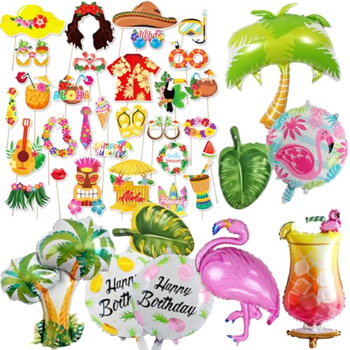 Hawaii Party Deko Set Flamingo Ballons Tropische Blätter Cocktail Luftballons Foto Requisiten für Sommerfest Luau Geburtstag Hochzeit Poolparty Feier von SYTTNUM