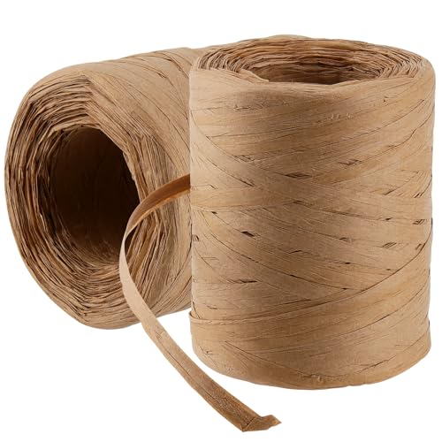 SYUTBOU 2 Stück 200mx 5mm Naturbast Papierband, Raffia Paper Schnur, Raffiabast Papierband, Bast Band Packschnur für Bastelarbeiten, Heimwerken, Stricken, Geschenkverpackungen und Gartenarbeit von SYUTBOU