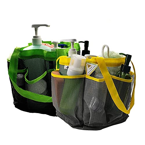Strandtasche aus Netzstoff, 8 Taschen, zum Aufhängen, für die Dusche, zum Organisieren von Toilettenartikeln, tragbar, mit 2 Griffen, für Wohnheim, Fitnessstudio, Camping, Grün und Gelb, 2 Stück von SYVOFOX