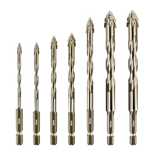 Exzenterbohrer mit vierschneidigem Sägezahn, Multifunktionsbohrer-Set, hohe Härte, schräger Kopf, Exzenterbohrer (gelb, 7-teilig: 3/4/5/6/8/10/12 mm) von SYWAN