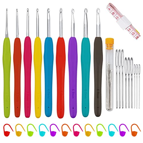 39 Pack HäKelnadeln Set, 9 StüCk Aluminium Stricknadeln Kit Ergonomischer Softgrip Griff FüR Arthritische HäNde Mit MaßBand Stichmarker Und NäHnadeln von SZCXDKJ