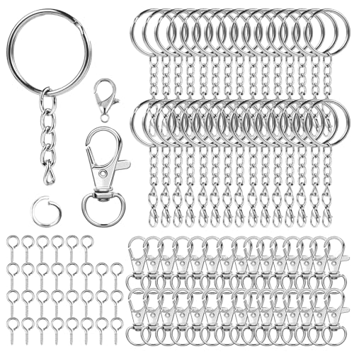 150 Stk Schlüsselringe Klein mit Kette – Schlüsselanhänger Ringe Set mit karabinerhaken klein, ideal für Schlüsselanhänger Selber Machen, Keychain Zubehör, robuste Schlüsselring mit kette (Silber) von SZEBISOA