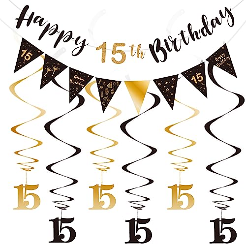 15 Geburtstag Dekoration Kit für Jungen Mädchen, Happy 15th Birthday Banner Wimpelkette Wirbel Luftschlangen, Dreieck Flagge Banner für Geburtstag Party Dekorationen Supplies Schwarz und Gold 15 15 Geburtstag Dekoration Kit für Jungen Mädchen, Happy 15th Birthday Banner Wimpelkette Wirbel Luftschlangen, Dreieck Flagge Banner für Geburtstag Party Dekorationen Supplies Schwarz und Gold 15 von SZHUIHER
