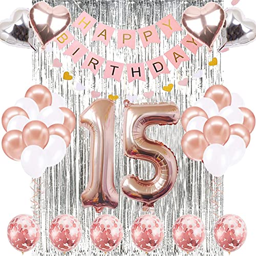 15. Geburtstagsdekorationen Rose Gold, Happy Birthday Banner, Nummer 15 Geburtstagsballons, 15 Jahre alt Geburtstagsdekoration Zubehör von SZHUIHER