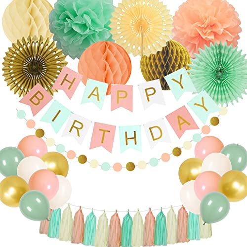 Alles Gute zum Geburtstag Dekorationen Banner, hängender Papierfächer Wabenball Tissue Pompoms Girlande Luftballons für Mint Green Gold Pfirsich Geburtstagsparty Dekoration Zubehör von SZHUIHER