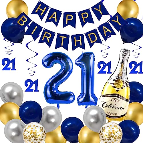 Blau und Gold 21st Geburtstag Party Dekorationen für Ihn Sie, Happy Birthday Banner, Nummer 21 Folienballon, Navy Blau und Gold Geburtstag Dekorationen Zubehör von SZHUIHER
