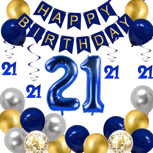 Blau und Gold 21st Geburtstag Party Dekorationen für Ihn Sie, Happy Birthday Banner, Nummer 21 Folienballon, Navy Blau und Gold Geburtstag Dekorationen Zubehör Blau und Gold 21st Geburtstag Party Dekorationen für Ihn Sie, Happy Birthday Banner, Nummer 21 Folienballon, Navy Blau und Gold Geburtstag Dekorationen Zubehör von SZHUIHER