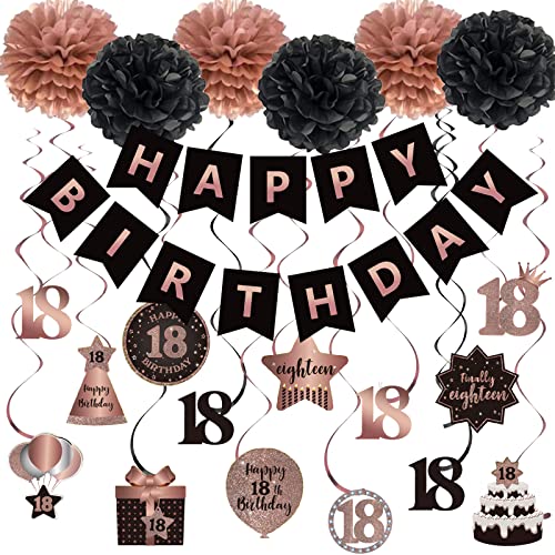 Happy 18th Birthday Hängende Wirbel Streamer Dekoration Set, Happy Birthday Banner mit Tissue Pompoms, Rose Gold und Schwarz 18-Jahre alte Geburtstagsparty Hängende Hintergrund Dekorationen von SZHUIHER