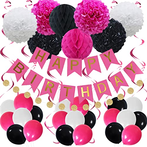 Hot Pink Schwarz Weiß Geburtstagsdekorationen für den 1. 16. 18. 21. 30. 40. 50. 60. 70. Geburtstag, Happy Birthday Banner mit Tissue Pompoms Ballons für Geburtstagsparty-Zubehör für Frauen Mädchen von SZHUIHER