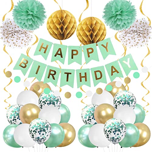 Mintgoldene Geburtstagsdekorationen für Frauen Mädchen, Happy Birthday Dekoration, mintweiße Partydekorationen für 1. 13. 16. 21. 30. 40. 50. 60. 70. Geburtstagsparty-Zubehör von SZHUIHER