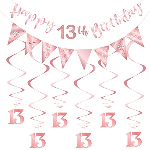 Roségold 13. Geburtstagsdekoration für Mädchen, Happy 13. Geburtstag Banner Bunting Swirls, Dreieck Flag Banner für 13 Geburtstagsfeier Dekorationen Zubehör von SZHUIHER