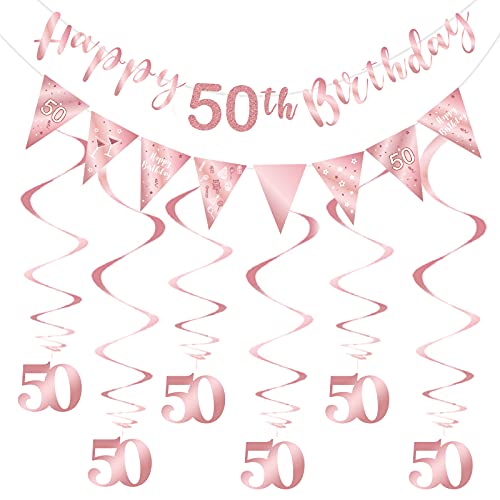 Roségold 50. Geburtstagsdekoration für Mädchen, Happy 50. Geburtstag Banner Bunting Swirls, Triangle Flag Banner für 50 Geburtstagsfeier Dekorationen Zubehör von SZHUIHER