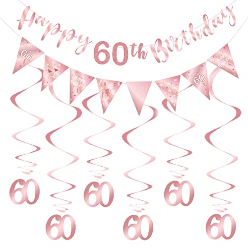 SZHUIHER 60. Geburtstag Dekoration Kit für Frauen, Happy 60th Birthday Banner Wimpelkette Wirbel Luftschlangen, Dreieck Flagge Banner für Geburtstag Party Dekorationen Supplies Roségold 60 von SZHUIHER