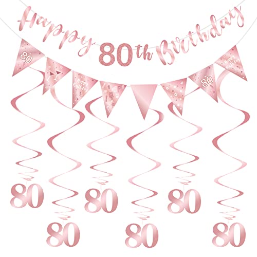 SZHUIHER 80. Geburtstag Dekoration Kit für Frauen, Happy 80th Birthday Banner Wimpelkette Wirbel Luftschlangen, Dreieck Flagge Banner für Geburtstag Party Dekorationen Supplies Roségold 80 von SZHUIHER