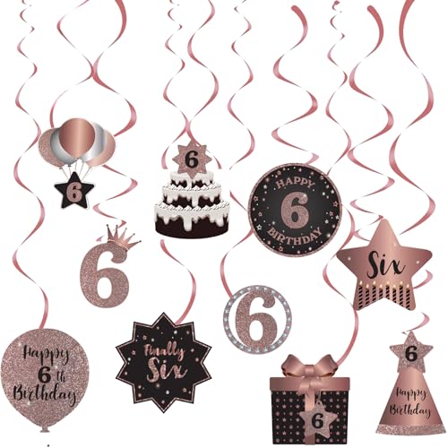 SZHUIHER Happy 6th Birthday Party Hängende Wirbel Bachläufe Deckendekorationen Feier 6 Folie Hängende Wirbel mit Aussparungen für 6 Jahre alt Roségold Geburtstag Party Dekorationen Supplies von SZHUIHER
