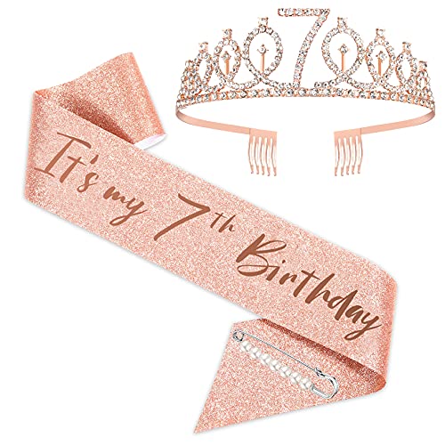 SZHUIHER Happy 7th Birthday Schärpe und Krone für Mädchen, Its My 7th Birthday Sash Birthday Bday Party Accessories, Birthday Decoration, 7th Birthday Crown, Glitter Birthday Sash Roségold von SZHUIHER