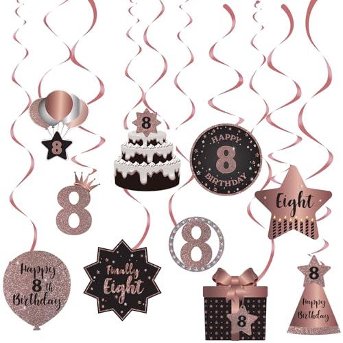 SZHUIHER Happy 8th Birthday Party Hängende Wirbel Bachläufe Deckendekorationen Feier 8 Folie Hängende Wirbel mit Aussparungen für 8 Jahre alt Roségold Geburtstag Party Dekorationen Supplies von SZHUIHER