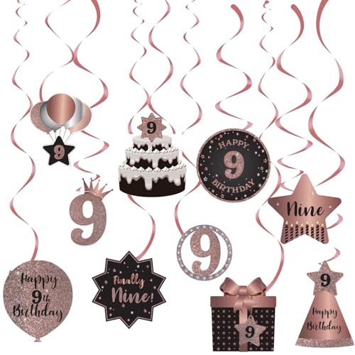 SZHUIHER Happy 9th Birthday Hängende Wirbel Bachläufe Deckendekorationen Feier 9 Folie Hängende Wirbel mit Aussparungen für 9 Jahre alt Roségold Geburtstag Party Dekorationen Supplies von SZHUIHER