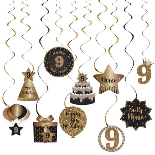 SZHUIHER Happy 9th Birthday Party Hängende Wirbel Bachläufe Deckendekorationen Feier 9 Folie Hängende Wirbel mit Aussparungen für 9 Jahre alt Schwarz und Gold Geburtstag Party Dekorationen Supplies von SZHUIHER